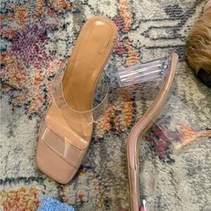 Tan High Heeled Sandals with Open Toe and Slip On Design